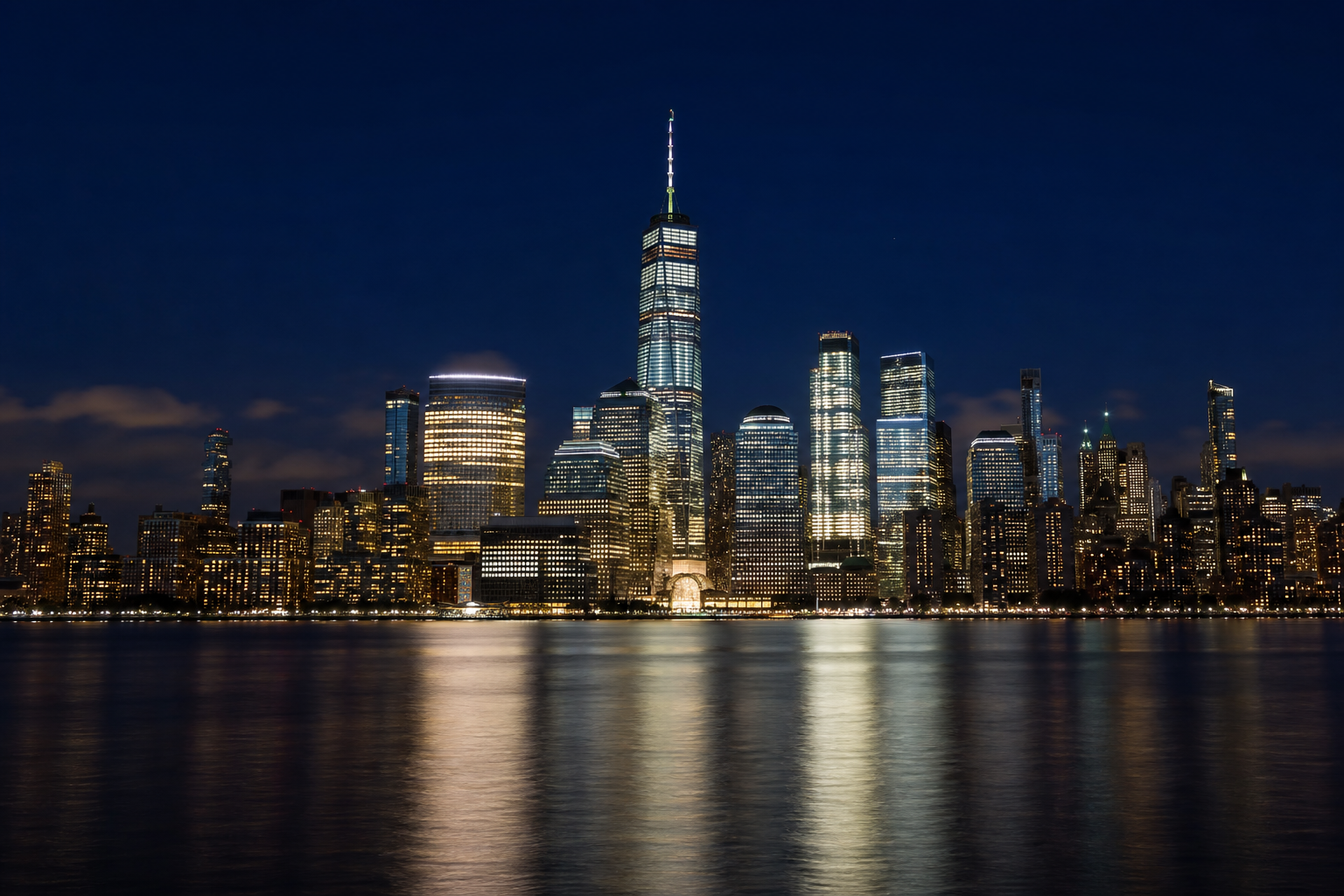 Manhattan skyline at night across the Hudson, the view from the Hyatt